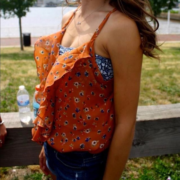 Orange Floral Ruffle Racerback Tank - Picture 4 of 4